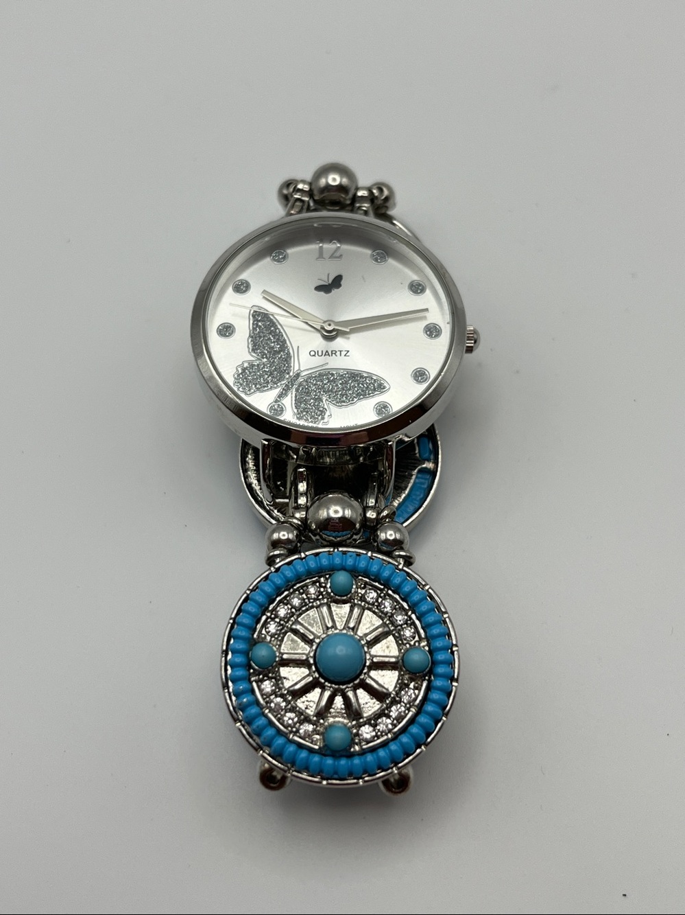 Silver Butterfly Quartz Watch with Turquoise Accents